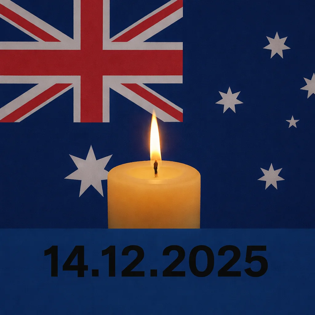 A memorial candle in front of the Australian flag
